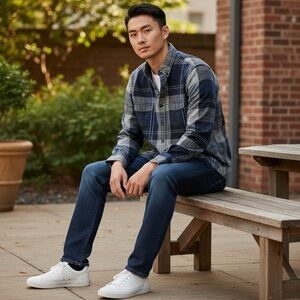 American Eagle Blue/Grey Cotton Plaid Slim Fit Long Sleeve Button Down Shirt